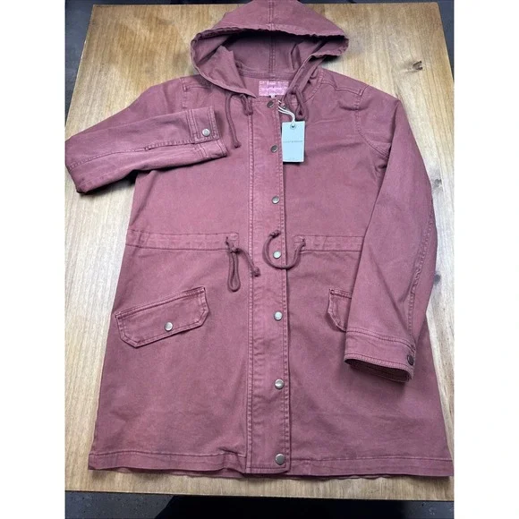 NWT Lucky Brand Jacket Women's XS Maroon Red Hooded Utility Military Stretch - Picture 2 of 16